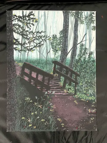 Framed Landscape Painting of Woodland Path and Bridge
