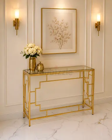 Modern Gold Metal Console Table with Glass Top
