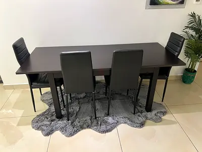 Dark Wood Dining Table with 4 Black Chairs - Modern Set