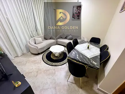 One bedroom and living room available in Al Qasimia, near the station. First occupancy, brand new furnishings. 3199 with internet and swimming pool.