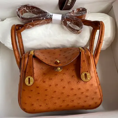Hermes Mini Lindy In Gold Ostrich Leather