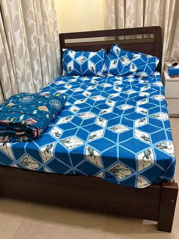 Solid Wood Double Bed with Mattress and Bedding - Good Condition
