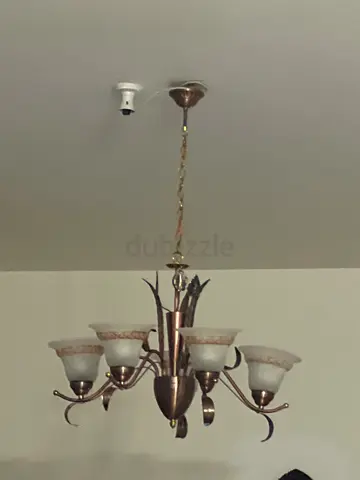 Brass-finish 6-arm Ceiling Chandelier with Frosted Glass Shades