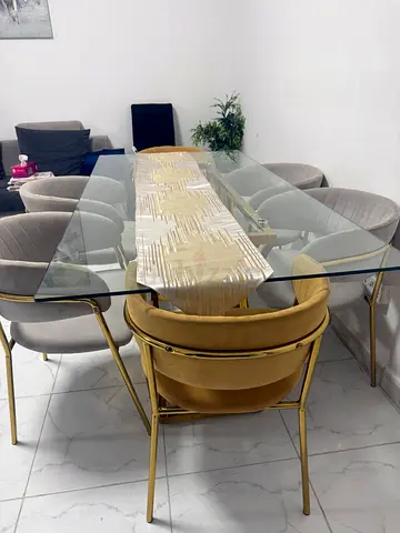 Glass Top Dining Table with Gold Base and Velvet Stools - 6 Seater