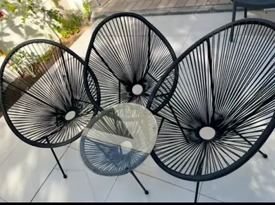 Set of 3 Black Outdoor Woven String Chairs with Small Side Table