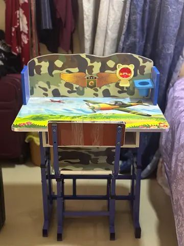 Kids Study Desk and Chair Set with Airplane Design - Good Condition,