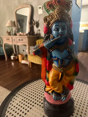 Vintage Hand-Painted Wooden Lord Krishna Statue