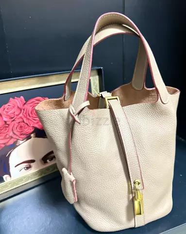 Taupe Leather Bucket Tote Bag — Small Handbag with Gold Lock