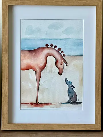 Framed Watercolor Painting: Horse and Dog - Signed