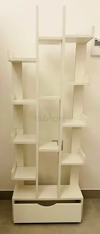 White tall shelving unit with drawer — slim display/bookcase 140x50