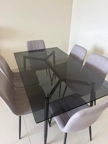 6-Seater Modern Glass Dining Set with Grey Upholstered Chairs