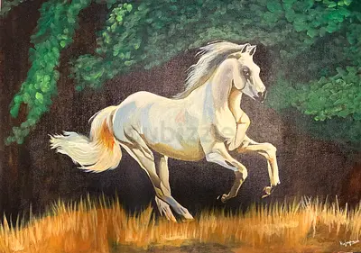 Original Oil Painting of White Horse in Forest — Signed Canvas