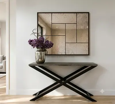 Andrew Martin Modern X-Base Console Table with Gray Top and West Elm Antique Miror