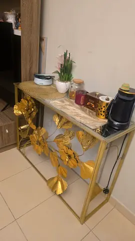 Gold Floral Console Table with Glass Top - Decorative Entry Table