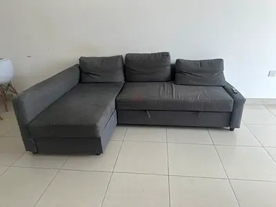 Grey L-shaped Fabric Sofa with Chaise - Good Condition