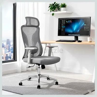 AFIFA Furniture Grey Office Chair – Ergonomic Chair with Lumbar Support  Adjustable Headrest