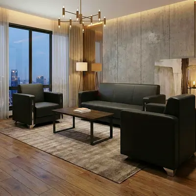 Modern Black Faux Leather Sofa Set with Two Armchairs