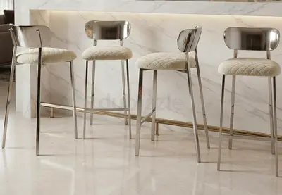MARINA HOME CHROME POLISHED STEEL BAR STOOLS WITH LIGHT GREY FABRIC DESIGNER TIMOTHY BAR STOOLS