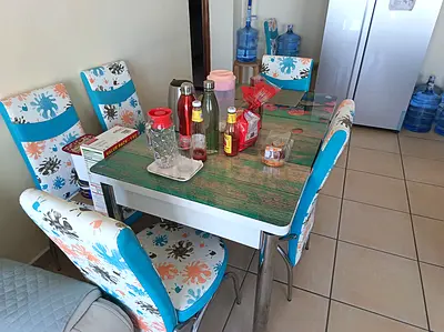 6-Seater Dining Table with Cushioned Chairs - Poor Condition chairs but good condition table