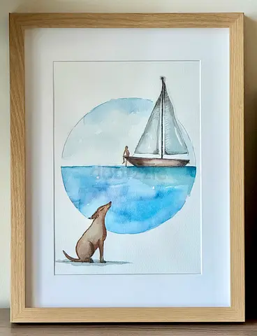 Original Watercolor Painting of Sailboat and Dog in Oak Frame