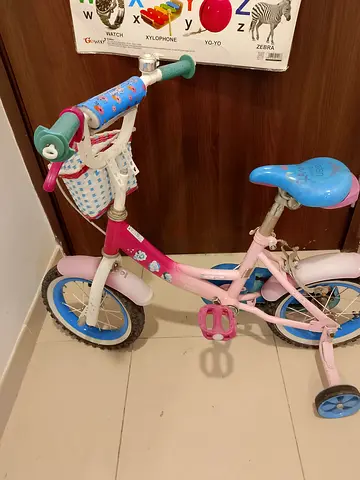 Pink and Blue Kids Bicycle with Training Wheels and Front Basket