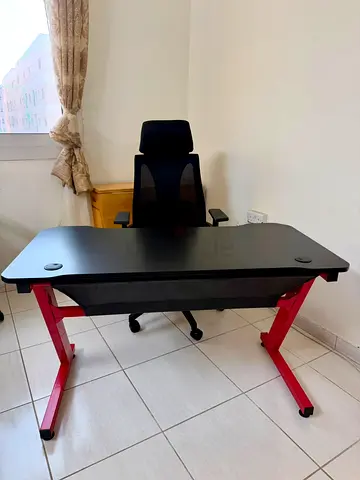 Black Gaming/Office Desk with Red Metal Frame — Good Condition