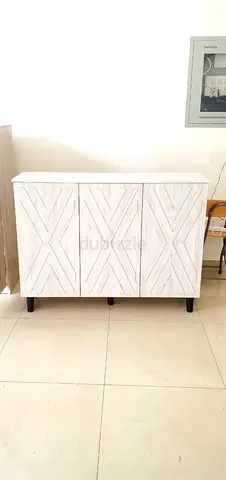 White Wooden Sideboard Cabinet with Geometric Door Design