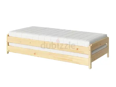 Single wooden daybed with trundle - light pine frame, Stackable bed with 2 mattresses, pine/ Ăfjäll