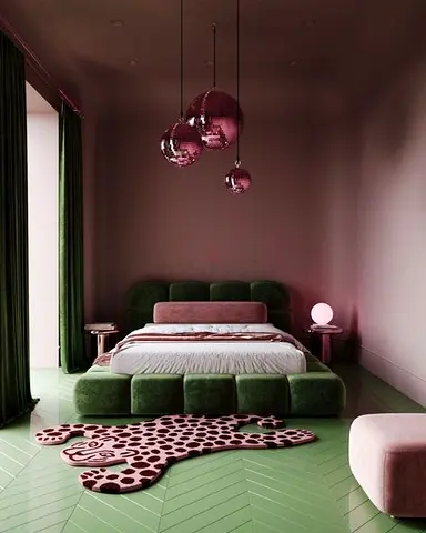 Green Velvet Platform Bed with Matching Upholstered Headboard