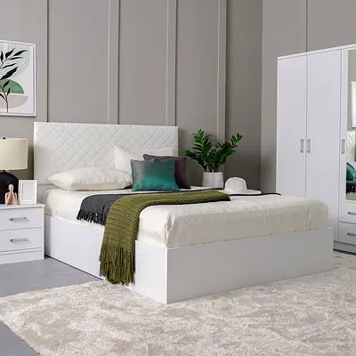 White storage double bed with padded headboard , Night stand and mattress - good condition