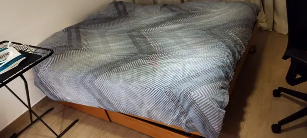 Double bed with 4 storage draws plus Mline expensive medium firm mattress plus Hugo Boss duvet cover