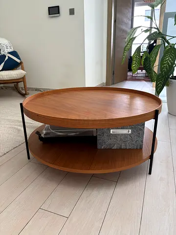 Round Wooden Coffee Table with Lower Shelf — Good Condition