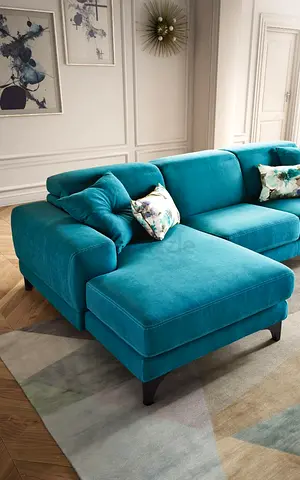 Teal L-shaped Velvet Sofa with Chaise - Good Condition