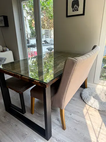 Custom made glass top console table with upholstered bench - good condition