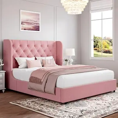 Pink Upholstered King Bed with Tufted Headboard