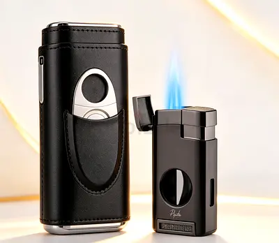 3-tube cigar box with stainless steel cutter and lighter (black)