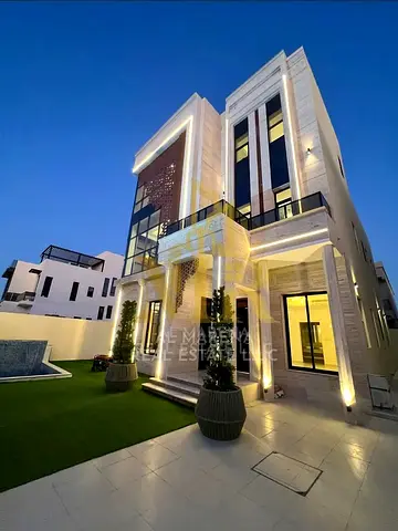 The epitome of luxury and privacy in Al-Aliya: A modern two-story villa with a private pool and rooftop terrace, priced inclusive of registration and