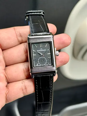 Jaeger-LeCoultre Reverso style rectangular mens watch with black leather strap