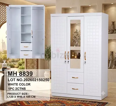 Brand New White 3-Door Wardrobe with Mirror and Drawers (L120 x W46 x H185 cm)