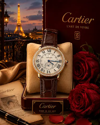 Cartier womens automatic watch with diamond bezel and leather strap