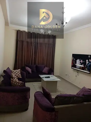 Two bedrooms, a living room, two bathrooms, and a balcony, fully furnished with internet, for monthly rent in Al Qasimia, Sharjah.