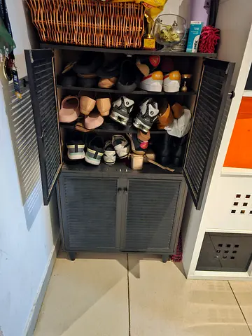 Shoe storage cabinet with organizer - holds multiple pairs, good condition
