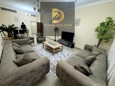 Three-bedroom apartment with a living room in Al Taawun Tower, furnished, available for daily or monthly