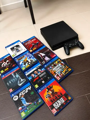 PS4 Slim 500GB + Original Controller + Box + 10 Games (GTA V, RDR2, FC24)