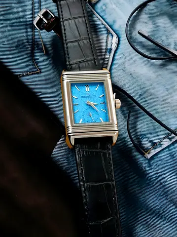JAEGER LECOULTRE Rectangular Mens Watch with Blue Dial and Black Leather Strap