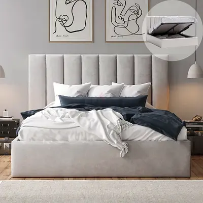 Brand new velvet fabric queen size bed - light grey with mattress