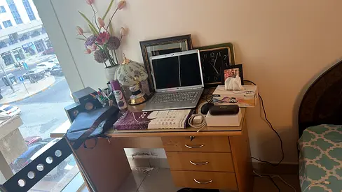 Computer table / small study desk with 3 drawers - light wood finish+glass