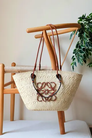 Loewe Handwoven Straw Beach Tote with Leather Handles