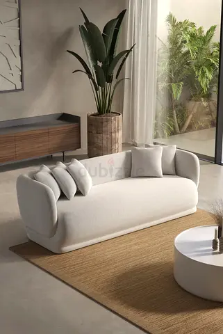 New Modern Curved 3-Seater Sofa in Light Beige boucle Fabric