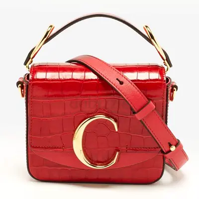 Chloé C Mini Red Croc Embossed Leather Top Handle Bag